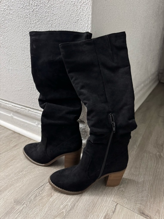 Universal Thread Shoes - Tall Black Suede-Look Stacked Heel Boots with Side Zip